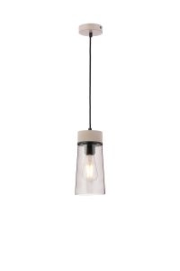Konos 12cm 1 Light Pendant E27, With Small Cylindrical Smoke Cone Glass, Matt Black / Concrete / Smoke / Black Fabric