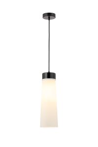 Konos 13cm 1 Light Pendant E27, With Large Opal Cylindrical Cone Glass Black Marble / Opal / Black / Black Fabric