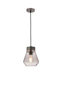 Konos 18cm 1 Light Pendant E27, Withe Smoke Glass Aged Pewter / Smoke / Black Fabric
