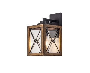 Saltimbocca Small Wall Lamp, 1 x E27, Wood Effect & Black/Clear Glass, IP54, 2yrs Warranty