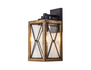 Saltimbocca Large Wall Lamp, 1 x E27, Wood Effect & Black/Clear Glass, IP54, 2yrs Warranty