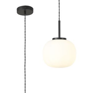 Horus 19cm Small Oval Ball Pendant 1 Light E27 Matt Black Suspension With Frosted White Glass Globe