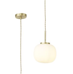 Horus 19cm Small Oval Ball Pendant 1 Light E27 Satin Gold Suspension With Frosted White Glass Globe