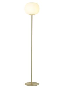 Horus Medium Oval Ball Floor Lamp 1 Light E27 Satin Gold Base With Frosted White Glass Globe