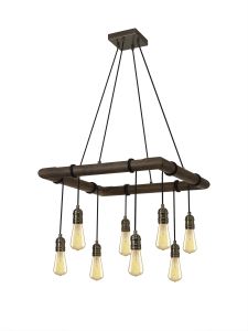 Sciroppo Square Wood Pendant, 8 x E27, Medium Oak/Antique Brass