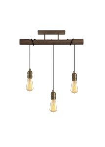 Sciroppo Wood Semi Flush Fitting, 3 x E27, Medium Oak/Antique Brass