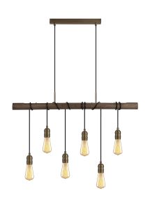 Sciroppo Wood Pendant, 6 x E27, Medium Oak/Antique Brass