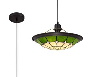 Seekingon 1 Light Pendant E27 With 35cm Tiffany Shade, Cream/Green/Clear Crystal Centre/Aged Antique Brass Trim/Black