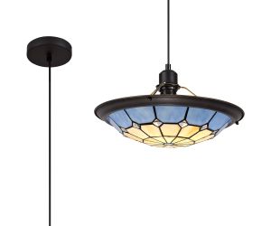 Seekingon 1 Light Pendant E27 With 35cm Tiffany Shade, Cream/Rich Blue/Clear Crystal Centre/Aged Antique Brass Trim/Black