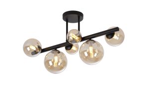 Monza Semi Flush Ceiling Light, 6 x G9, Satin Black, Amber Plated Glass