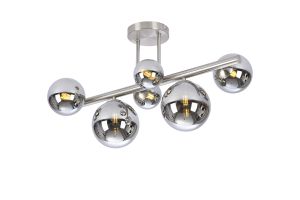 Monza Semi Flush Ceiling Light, 6 x G9, Satin Nickel, Chrome Plated Glass