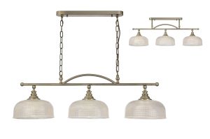 Arvo Semi Flush/Pendant Bar, 3 Light Adjustable E27, Antique Brass/Prismatic Glass