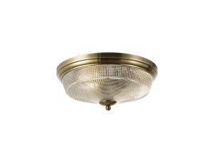Arvo 2 Light E27 Flush Ceiling Light, Antique Brass/Prismatic Glass