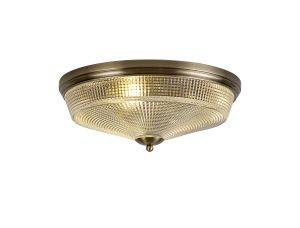 Arvo 3 Light E27 Flush Ceiling Light, Antique Brass/Prismatic Glass