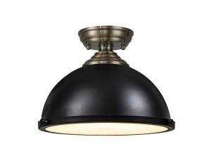 Amara 1 Light Flush Ceiling E27 With Round 31cm Metal Shade Antique Brass/Matt Black/Frosted White