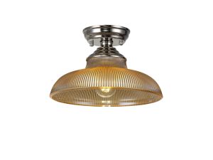 Amara 1 Light Flush Ceiling E27 With Round 30cm Glass Shade Polished Nickel/Amber