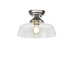 Amara 1 Light Flush Ceiling E27 With Flat Round 30cm Glass Shade Polished Nickel/Clear