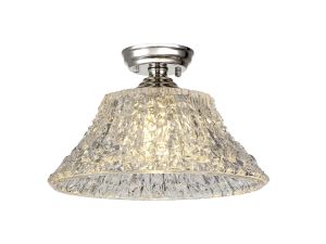 Amara 1 Light Flush Ceiling E27 With Round 38cm Patterned Glass Shade Polished Nickel/Clear