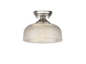 Amara 1 Light Flush Ceiling E27 With Round 26.5cm Prismatic Effect Glass Shade Polished Nickel/Clear