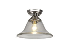 Amara 1 Light Flush Ceiling E27 With Smooth Bell 30cm Glass Shade Polished Nickel/Clear