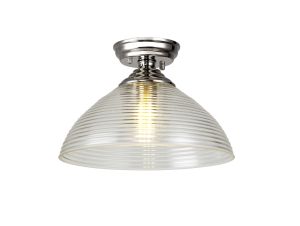 Amara 1 Light Flush Ceiling E27 With Round 33.5cm Prismatic Effect Glass Shade Polished Nickel/Clear