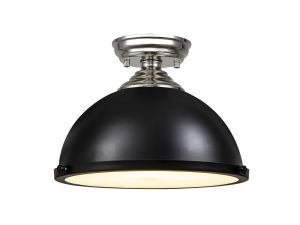 Amara 1 Light Flush Ceiling E27 With Round 31cm Metal Shade Polished Nickel/Matt Black/Frosted White