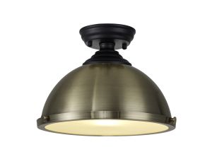 Amara 1 Light Flush Ceiling E27 With Round 31cm Metal Shade Matt Black/Antique Brass/Frosted White