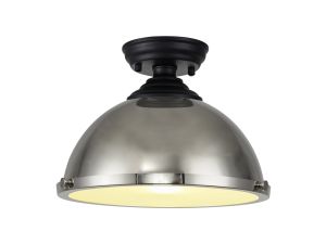 Amara 1 Light Flush Ceiling E27 With Round 31cm Metal Shade Matt Black/Polished Nickel/Frosted White