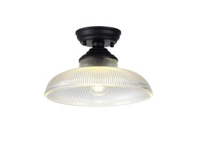 Amara 1 Light Flush Ceiling E27 With Round 30cm Glass Shade Matt Black/Clear