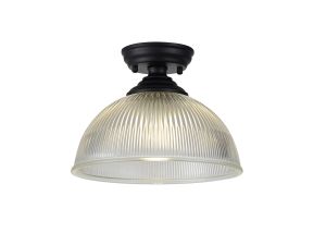 Amara 1 Light Flush Ceiling E27 With Dome 30cm Glass Shade Matt Black/Clear