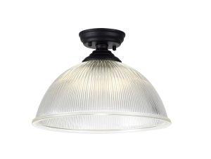 Amara 1 Light Flush Ceiling E27 With Dome 38cm Glass Shade Matt Black/Clear