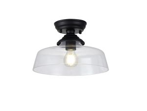 Amara 1 Light Flush Ceiling E27 With Flat Round 30cm Glass Shade Matt Black/Clear
