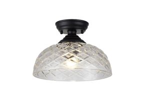 Amara 1 Light Flush Ceiling E27 With Flat Round 30cm Patterned Glass Shade Matt Black/Clear