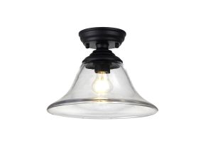 Amara 1 Light Flush Ceiling E27 With Smooth Bell 30cm Glass Shade Matt Black/Clear