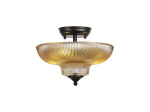 Amara 2 Light Semi Flush Ceiling E27 With Round 30cm Glass Shade Matt Black/Amber