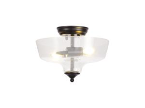 Amara 2 Light Semi Flush Ceiling E27 With Flat Round 30cm Glass Shade Matt Black/Clear