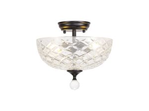 Amara 2 Light Semi Flush Ceiling E27 With Flat Round 30cm Patterned Glass Shade Matt Black/Clear