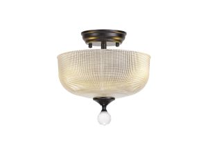 Amara 2 Light Semi Flush Ceiling E27 With Round 26.5cm Prismatic Effect Glass Shade Matt Black/Clear