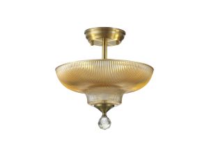 Amara 2 Light Semi Flush Ceiling E27 With Round 30cm Glass Shade Antique Brass/Amber