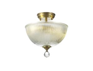 Amara 2 Light Semi Flush Ceiling E27 With Dome 30cm Glass Shade Antique Brass/Clear