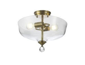 Amara 2 Light Semi Flush Ceiling E27 With Flat Round 38cm Glass Shade Antique Brass/Clear