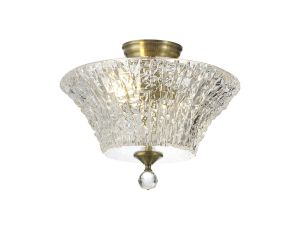Amara 2 Light Semi Flush Ceiling E27 With Round 38cm Patterned Glass Shade Antique Brass/Clear Item Weight: 6.0kg