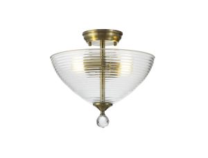 Amara 2 Light Semi Flush Ceiling E27 With Round 33.5cm Prismatic Effect Glass Shade Antique Brass/Clear