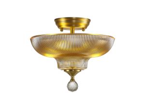 Amara 2 Light Semi Flush Ceiling E27 With Round 30cm Glass Shade Satin Gold/Amber