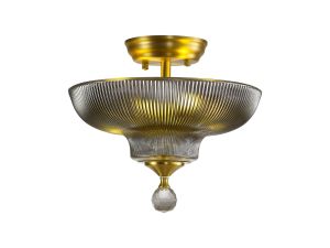 Amara 2 Light Semi Flush Ceiling E27 With Round 30cm Glass Shade Satin Gold/Smoked