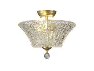 Amara 2 Light Semi Flush Ceiling E27 With Round 38cm Patterned Glass Shade Satin Gold/Clear