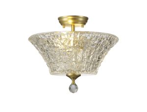 Amara 2 Light Semi Flush Ceiling E27 With Round 38cm Patterned Glass Shade Satin Gold/Clear Item Weight: 6.0kg