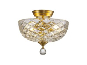 Amara 2 Light Semi Flush Ceiling E27 With Flat Round 30cm Patterned Glass Shade Satin Gold/Clear