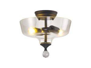 Amara 2 Light Semi Flush Ceiling E27 With Flat Round 30cm Glass Shade Graphite/Clear
