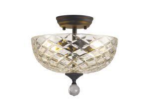 Amara 2 Light Semi Flush Ceiling E27 With Flat Round 30cm Patterned Glass Shade Graphite/Clear